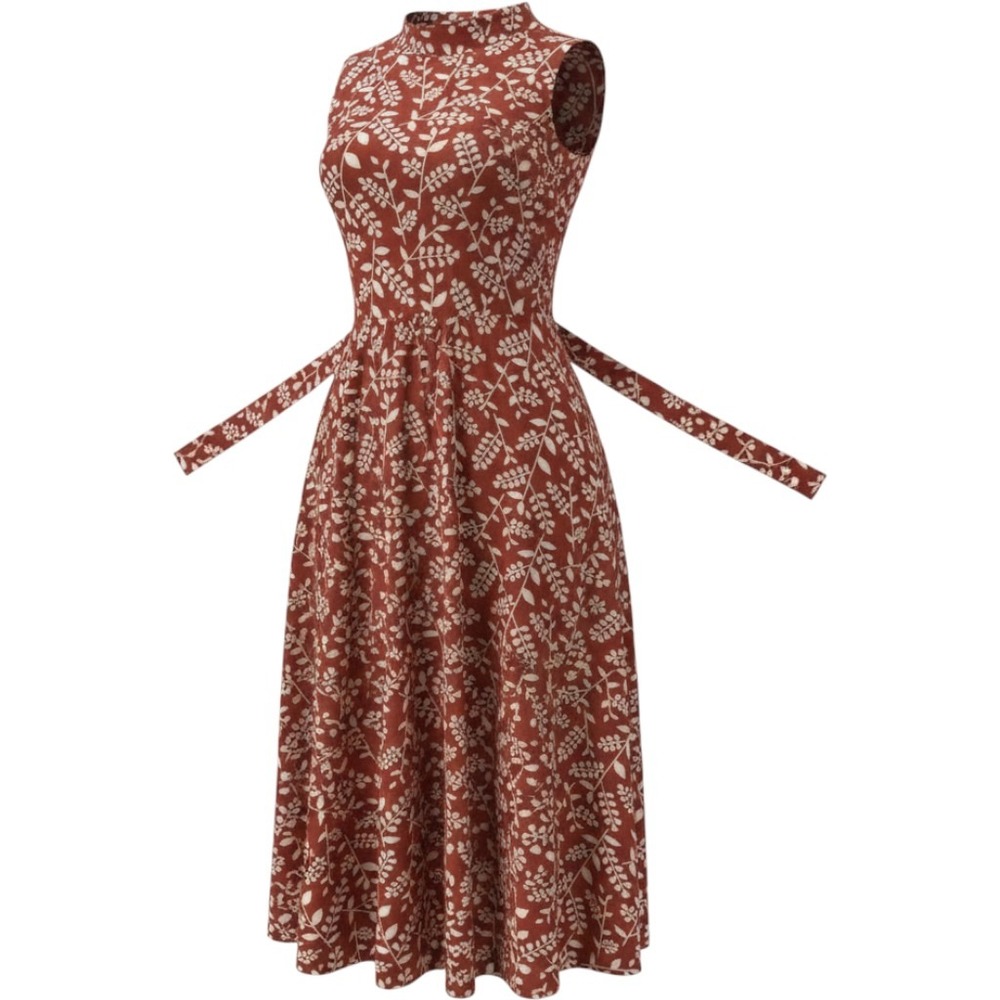 Anne Klein Midi Dress Womens M Rust Terracotta Leaf Print Sleeveless Mock Neck